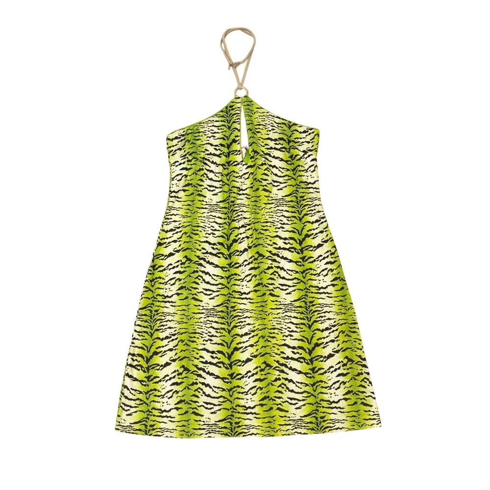 Pin-Up Stars Lime Green Tiger Print Halter Mini Dress Y2K Made in Italy LARGE